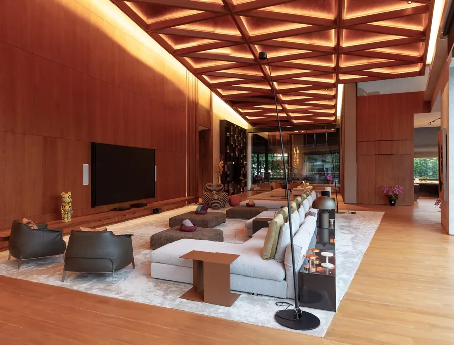 Living space with a slatted timber ceiling