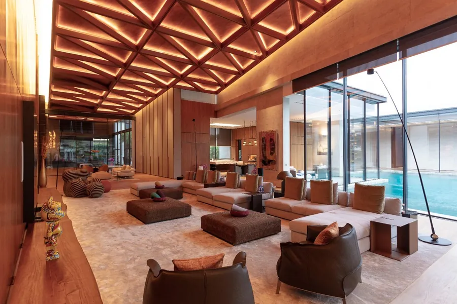 Reception and lounge with a slatted timber ceiling