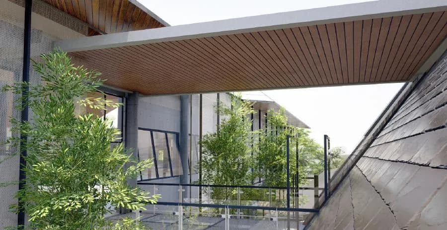 Timber-louvred facade at close range