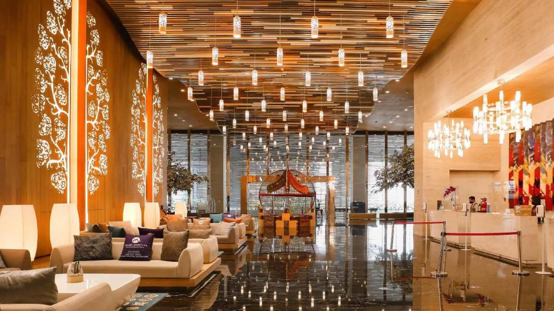 Hotel lobby with a sculptural pendant ceiling