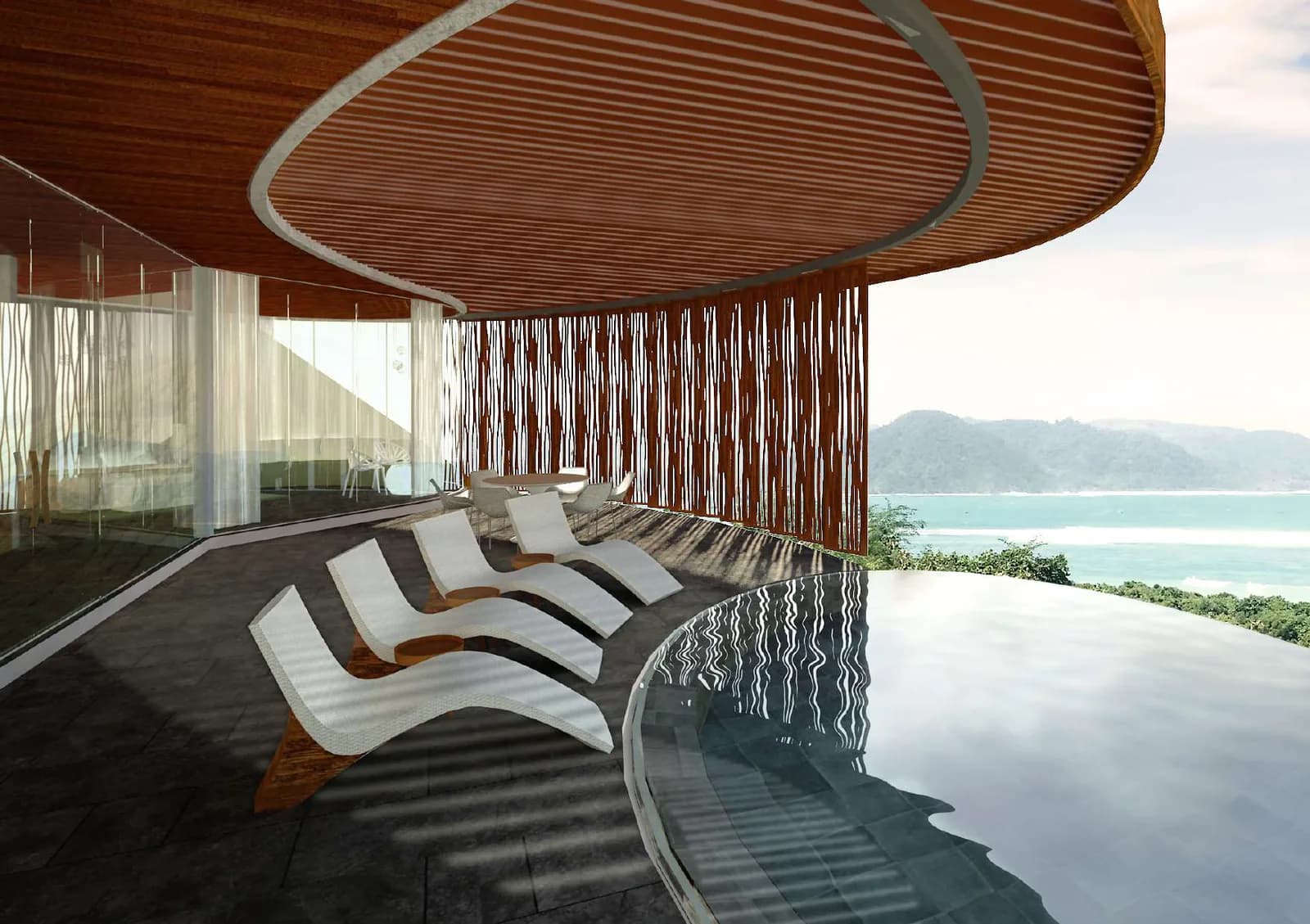 Loungers beside an infinity pool beneath a curved timber-slatted canopy, ocean beyond