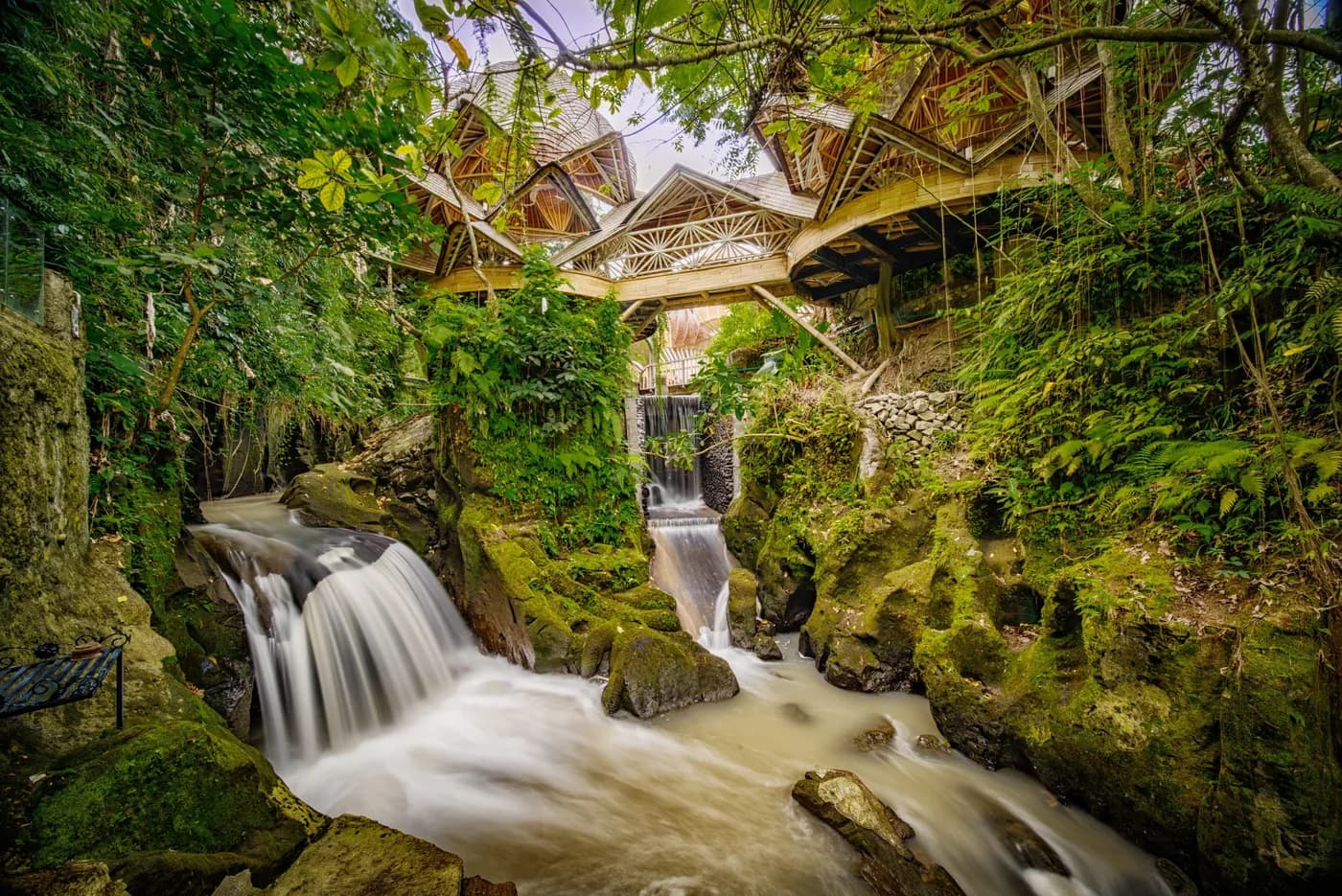 Ulaman Eco Luxury Resort: the completed restaurant beside the waterfall, a bamboo pavilion above the river