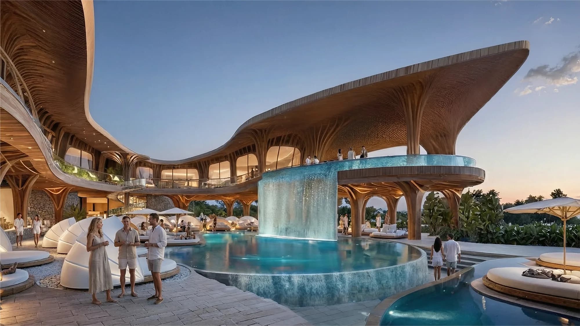 The cantilevered pool with a waterfall spilling beneath the canopy