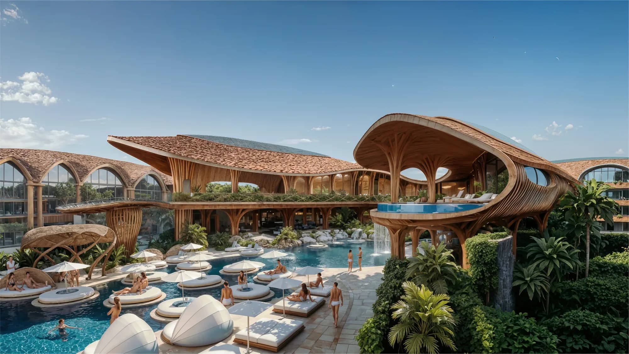 Lagoon pool and daybeds under the beach club canopies