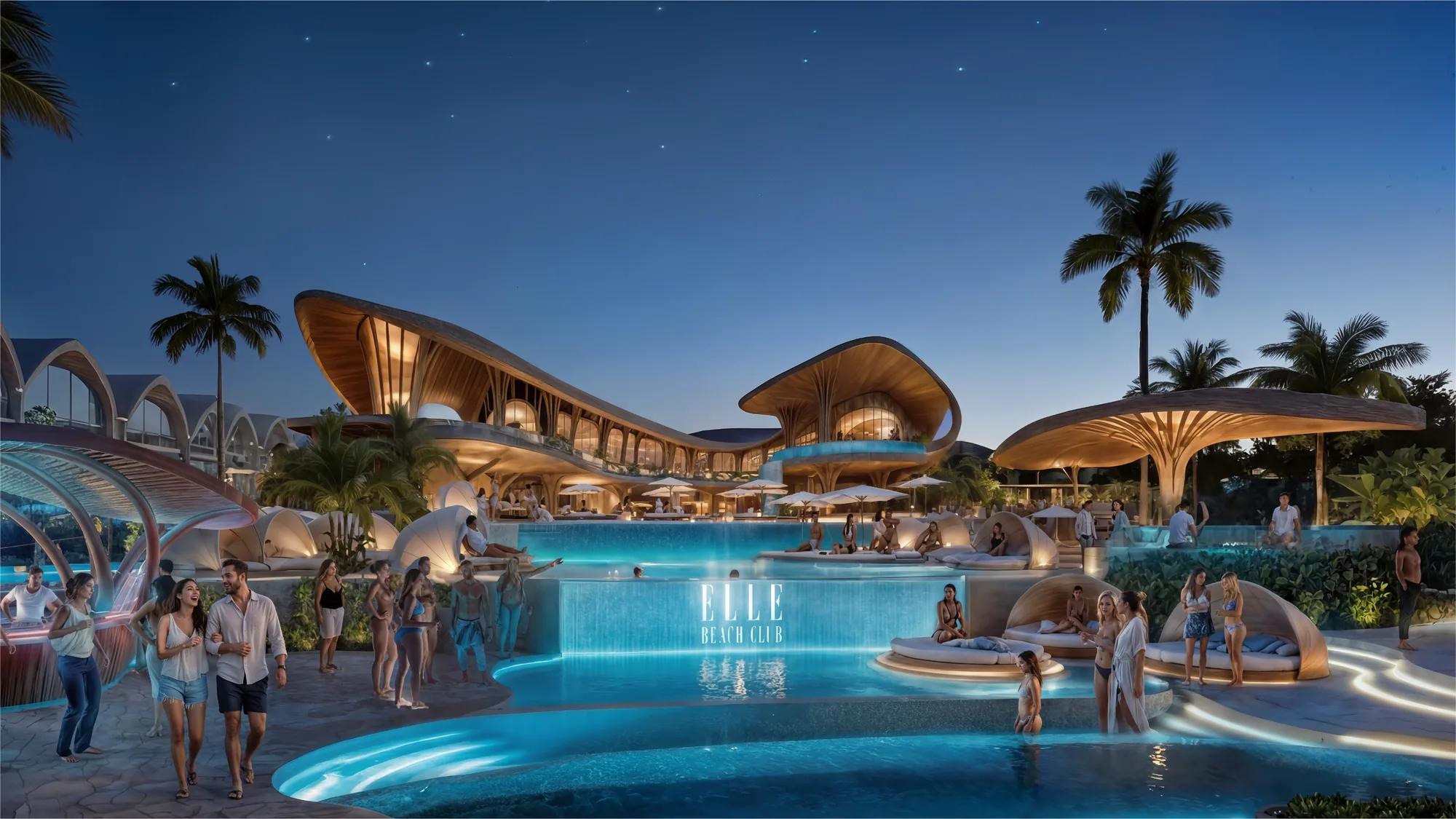 The pool at night with the beach club signage lit behind