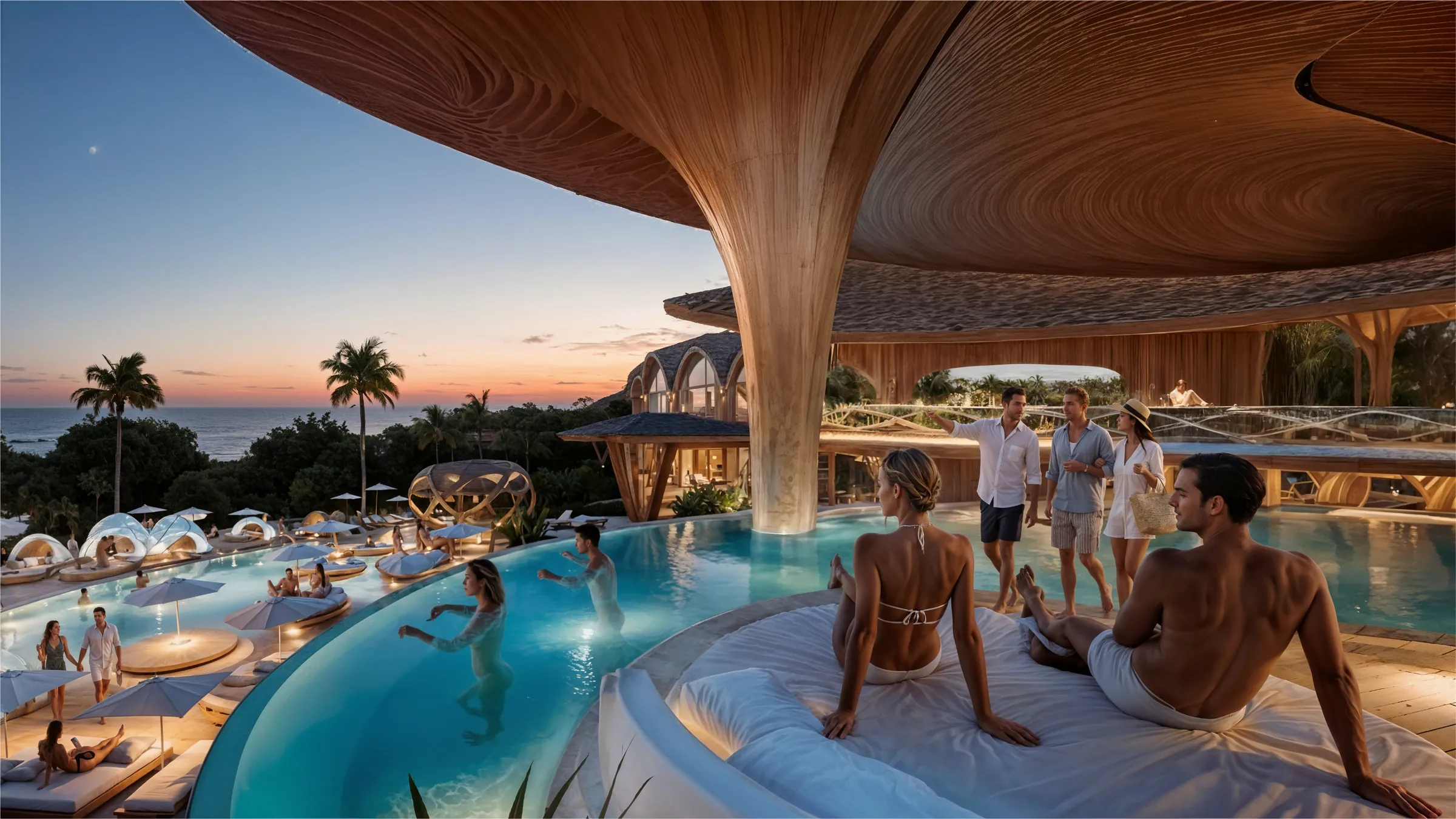 Pool terrace at ELLE Resort and Beach Club Bali at sunset