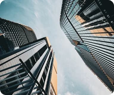 City office towers seen looking upwards against the sky