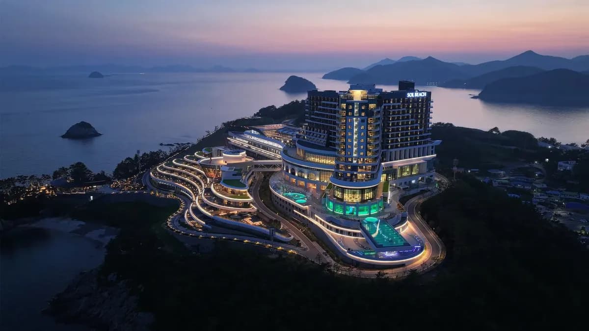 SONO coastal resort on a headland, lit at dusk